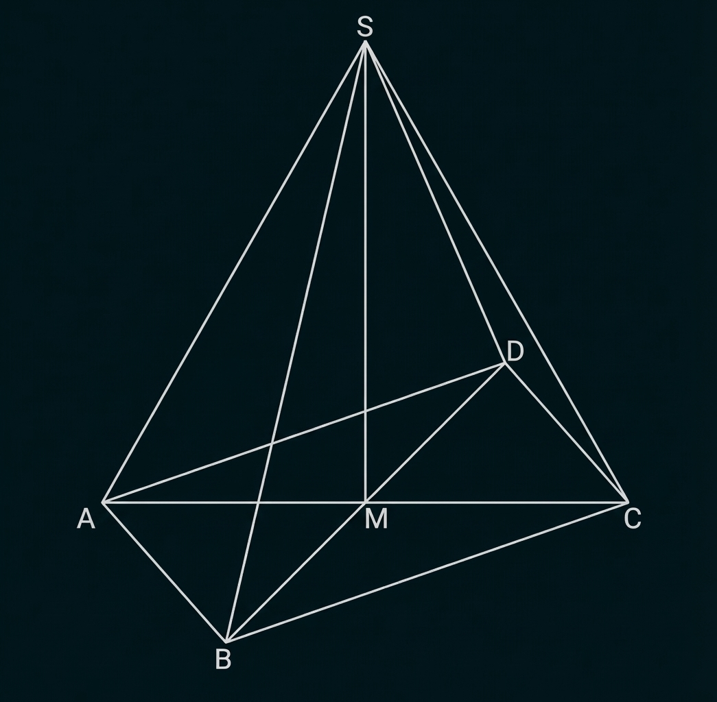 Skizze einer Pyramide mit Spitze S, Basis A,B,C, Mittelpunkt M, Punkt D an einer Seitenkante und eingezeichneten Diagonalen.
